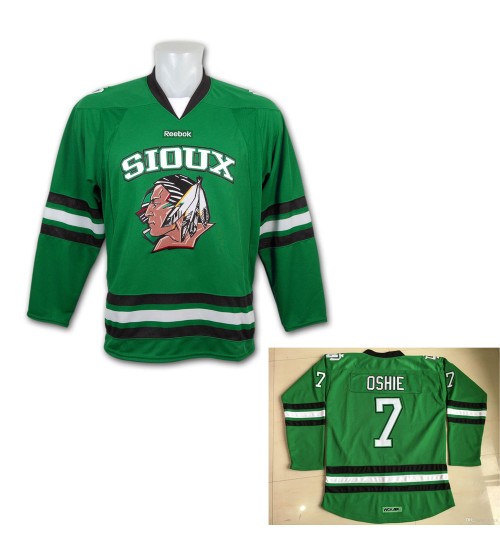 Custom NCAA University TJ Oshie 7 North Dakota Sioux Hockey Jersey Green